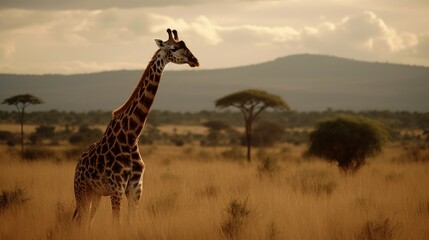 Obraz premium Majestic giraffe towering over savana. AI generated