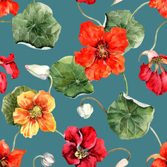 Summer floral seamless pattern with bright nasturtium flowers. Fashionable pattern with flowers, leaves, buds on a blue background. Hand drawn watercolor illustration for fabric, textile, wallpaper.