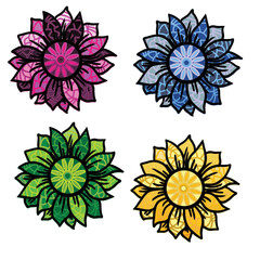 set of four flowers with patterns on leaves
