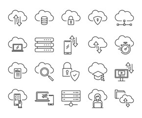 Set of cloud computing with editable stroke line icons. data network digital technology vector illustrations.	