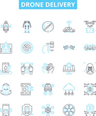 Fototapeta premium Drone delivery vector line icons set. Drone, Delivery, Aerial, Autonomous, Shipping, Service, Logistics illustration outline concept symbols and signs