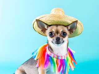 Chihuahua dog with mexican sombrero hat. Cinco De Mayo fashion.