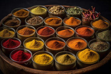 Surtido de cuencos de especias coloridas. AI generative