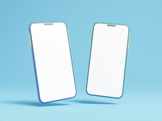 Empty smartphone screen, 3D rendering isolated on blue background. Two mobile phones.  Mock up smart phone 2 positions.