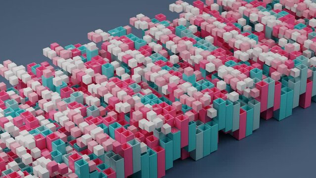 Loop animation of 3d geometric objects and their movements. Abstract background of many square pipes and cubes. The wave movement of the pulse along the column of objects.

