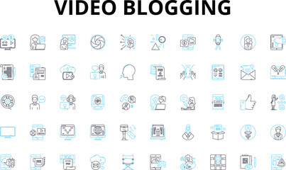 Video blogging linear icons set. Vlogging, Youtube, Blogging, Content, Influencer, Camera, Editing vector symbols and line concept signs. Channel,Upload,Audience illustration