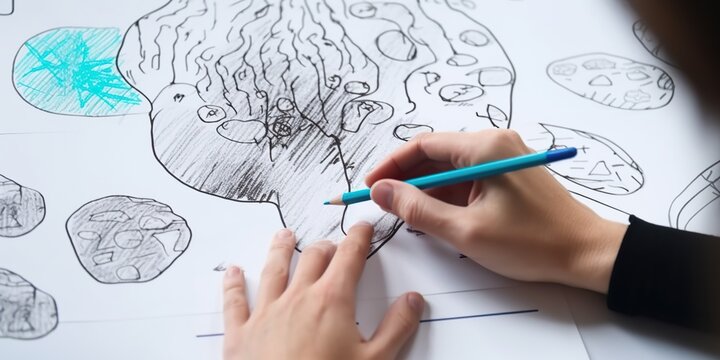 A close-up of a hand drawing a mind map, set against a creative, brainstorming background, concept of Visual thinking, created with Generative AI technology