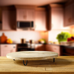 Desk of free space and kitchen interior. 