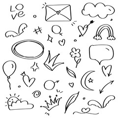 Doodle cute glitter pen line elements. Doodle heart, arrow, star, sparkle decoration symbol set icon. Simple sketch line style emphasis, attention, pattern elements. Vector illustration.