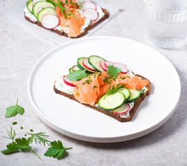 Smorrebrod, toasted bread with rye bread, salmon,curd cheese with herbs, green wild onion, cucumber and radish on the white plate. Hearty and healthy Scandinavian snack, lunch. Summer menu