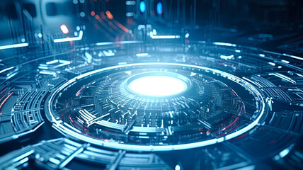 Hologram portal. Futuristic portal. Teleport podium with hologram effect. High tech futuristic technology design. Sci-fi technology and robotics. Ai Generative