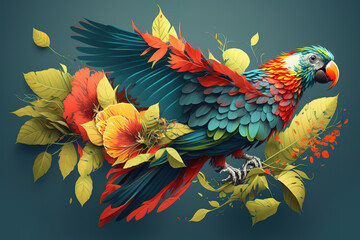 image of parrot design with leaf elements. Bird. Pet. Animals. Illustration. Generative AI.