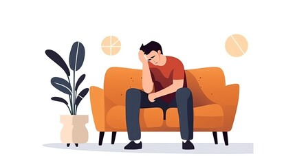A lonely man sitting on a couch in the office of a psychoanalyst in vector style by ai generative