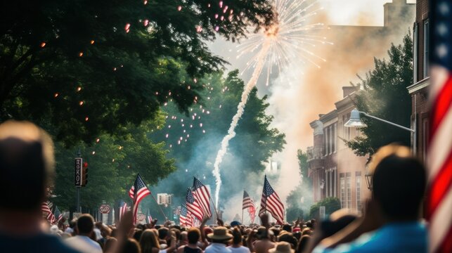 Fourth of July parade with flags. AI generated