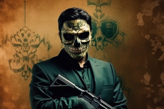 Evil king of drug narcos boss wearing face mask, mexican dealers background illustration generative ai