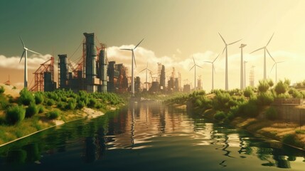 Windmills in Urban Landscape. Generative AI