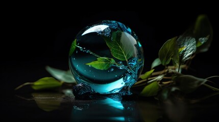 Close-up of a water drop among the greenery. Generative AI