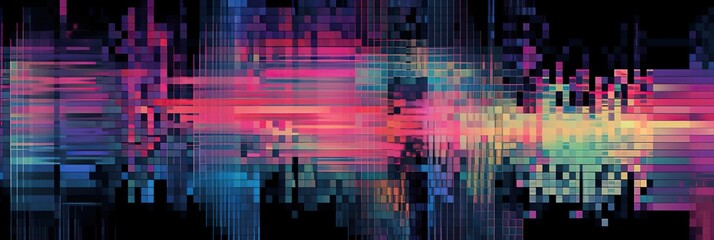 A vibrant, digital glitch effect with pixelated and distorted elements forming a striking and contemporary background, concept of Technological Distortion, created with Generative AI technology