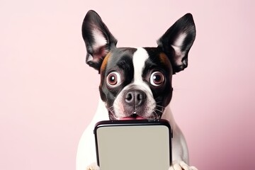 shocked dog with glasses using phone by ai generative