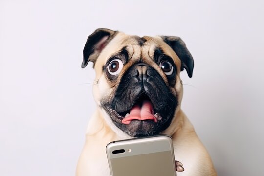 shocked dog with glasses using phone by ai generative