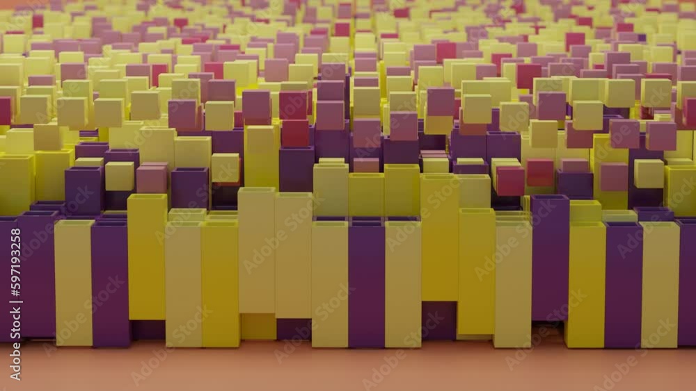 Poster loop 3d animation a lot of colorful cubes flying out and returning to square pipes. wave motion of a