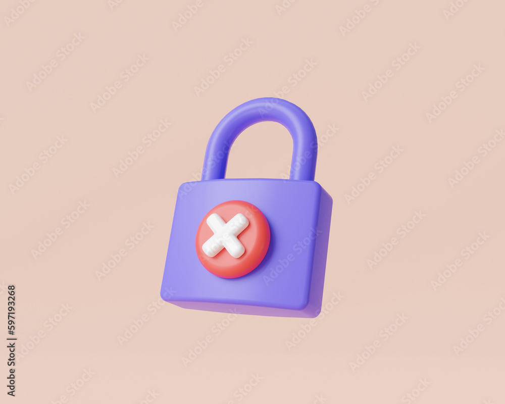 Poster padlock with cross sign icon about lock rejected icon. wrong password or login error, coding error, 
