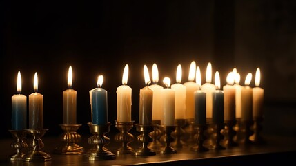 Soft glow of Hanukkah candles. AI generated