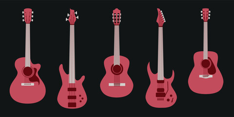 Guitars styles illustration - electric, folk, classic and bass guitar - flat design