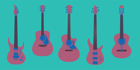 Guitars styles illustration - electric, folk, classic and bass guitar - flat design
