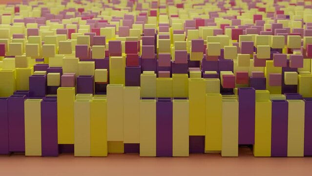 Loop 3d animation a lot of colorful cubes flying out and returning to square pipes. Wave motion of an array of objects. Abstract 3d animation