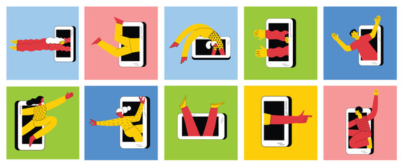 Technology of customers retention. Social media marketing and Dependence on the phone and the Internet. Illustration of the people fallen into a smartphone. Vector