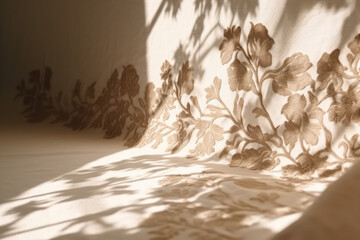 abstract sun light shadows on a soft fabric with a floral ornament, created with Generative AI technology