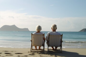 senior couple sitting on chairs at summer beach,Generativ AI