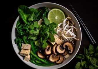 vegetarian pho bowl with tofu, mushrooms, and bok choy