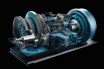 Fototapeta A 3D cutaway of a water turbine highlighting rotor and stator, with hydraulic turbine and spiral casing schematics on a dark background. Generative AI obraz