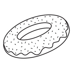 Illustration of doodles with a sweet donut. Donut in glaze hand-drawn fast food in the style of doodle coloring
