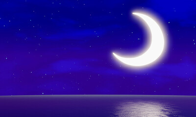 Naklejka na ściany i meble The crescent moon floats on the sea, the stars fill the sky with a slight cloud cover. The sky has the moon at night Reflected light on the sea floor or ocean. Use for Background or Wallpaper.