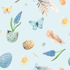 Watercolor Eastern illustrations, feathers, eggs blue flowers