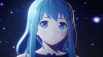 Very cute stargazing girl, Photorealistic anime, amazing blue color scheme, Swirly shapes, highly detailed, UHD, girl in the night, girl in the moonlight, wallpaper, Generative AI 