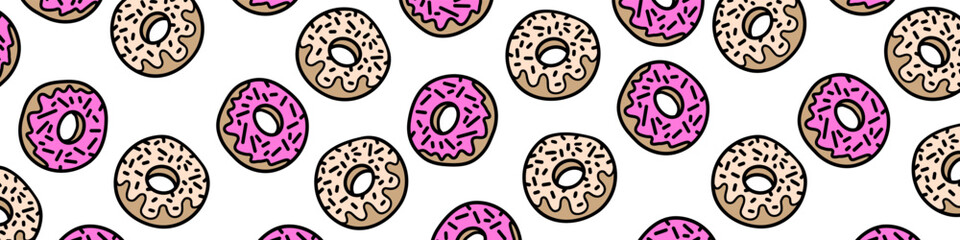 Sweet background with donuts illustration. Pattern of cartoon donuts vector backdrop.