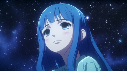 Very cute stargazing girl, Photorealistic anime, amazing blue color scheme, Swirly shapes, highly detailed, UHD, girl in the night, girl in the moonlight, wallpaper, Generative AI  - obrazy, fototapety, plakaty