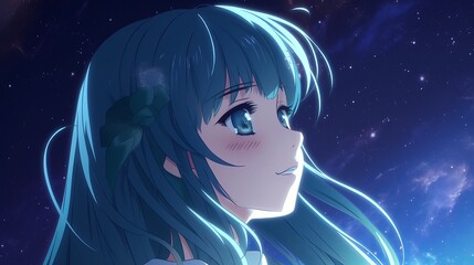 Very cute stargazing girl, Photorealistic anime, amazing blue color scheme, Swirly shapes, highly detailed, UHD, girl in the night, girl in the moonlight, wallpaper, Generative AI 