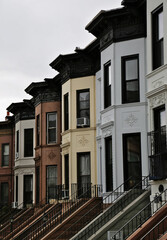 brownstones in brooklyn (colorful row houses with staircases and curved facades) real estate new york city, building details, apartments
