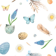 Watercolor Eastern illustrations, feathers, eggs, blue flowers