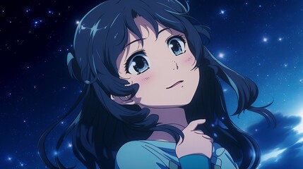 Very cute stargazing girl, Photorealistic anime, amazing blue color scheme, Swirly shapes, highly detailed, UHD, girl in the night, girl in the moonlight, wallpaper, Generative AI 