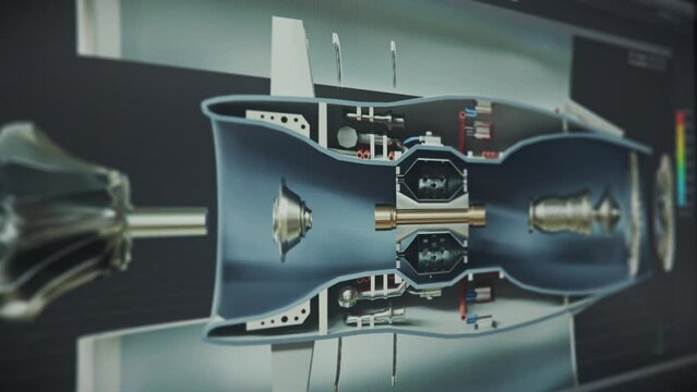 Computer software displaying the inside design of the industrial gas turbine. Displaying the part design of the industrial equipment. Industrial engineering system displaying the machine parts.