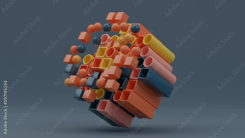 Poster loop abstract 3d animation of a set of pipes and a square profile from which cubes and balls fly out