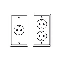 Iconos de enchufes eléctricos simples y dobles sobre un fondo blanco liso y aislado. Vista de frente y de cerca. Copy space