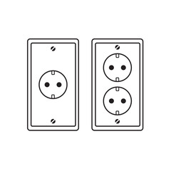 Iconos de enchufes eléctricos simples y dobles. Vista de frente y de cerca. Vector