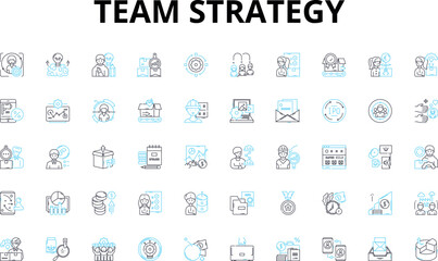 Team strategy linear icons set. Collaboration, Unity, Synergy, Cohesion, Consensus, Alignment, Communication vector symbols and line concept signs. Delegation,Planning,Accountability illustration